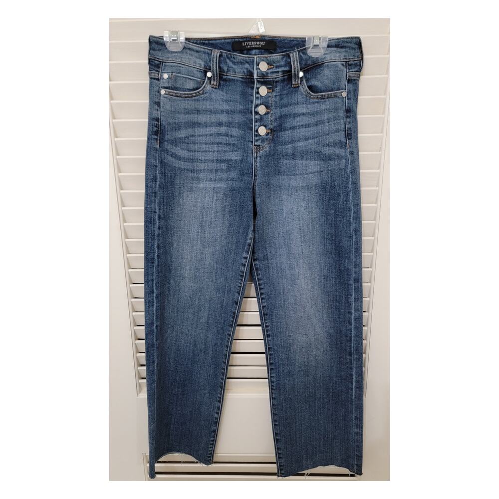 Liverpool The Stove Pipe Button Fly Wide Leg Frayed Hem Jeans